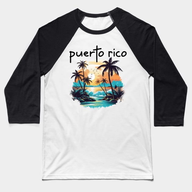 Puerto Rico - Beach Scene (Black Lettering) Baseball T-Shirt by VelvetRoom